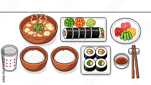 Pixel art Korean food set with soup, rice, kimbap, and sushi rolls