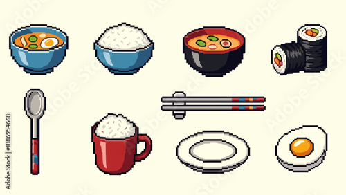 Pixel art collection of Japanese food items and utensils for a meal