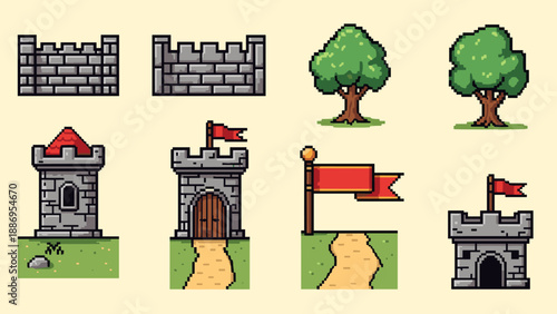 Pixel art castle elements and trees for game design and illustration