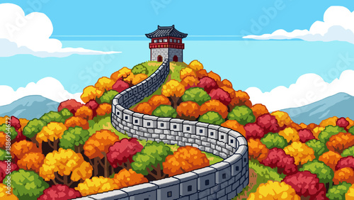 Pixel art great wall winding up a hill covered in colorful autumn trees