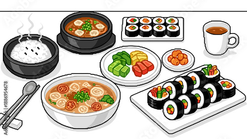 Isometric illustration of a delicious Korean food spread with rice, soup, and sushi rolls