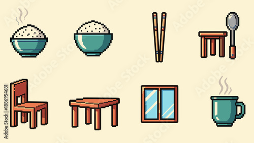 Pixel art collection of Asian dining elements and furniture for a simple room