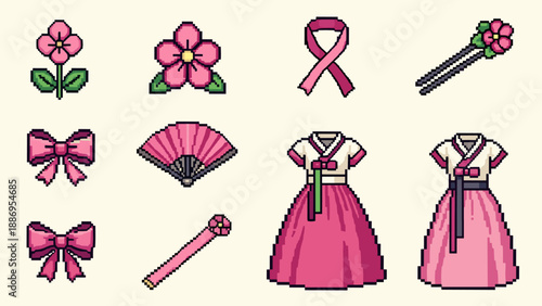 Pixel art collection of pink Korean traditional clothing and accessories
