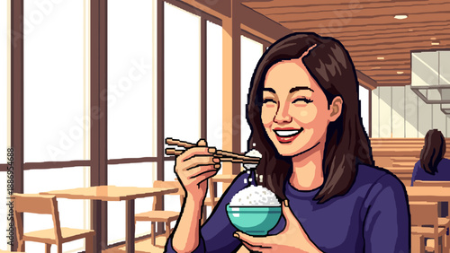 Happy woman enjoying a bowl of rice with chopsticks in a bright, modern restaurant setting