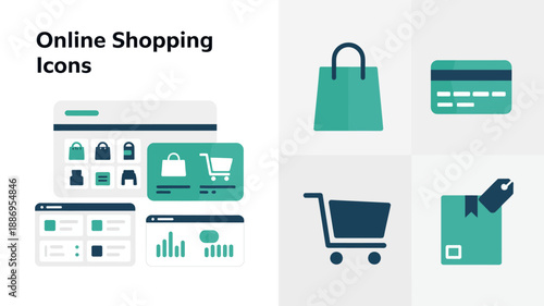a collection of teal and dark teal icons representing elements of online shopping including a phone shopping bag credit card and a package high quality professional