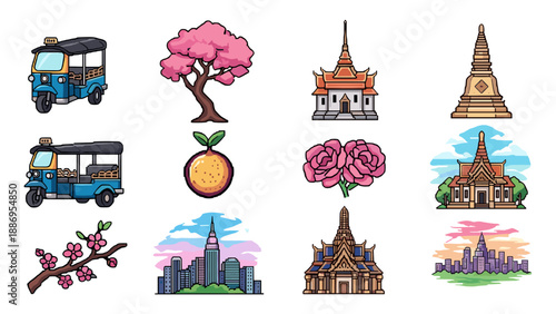 Collection of iconic symbols and landmarks from Thailand and other places