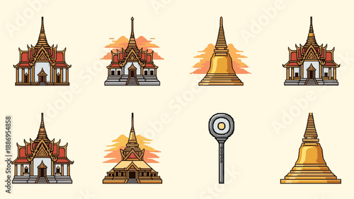Collection of Thai Buddhist Temples and Stupas in a Flat Design Style