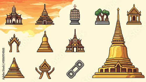 Collection of pixel art icons representing traditional Thai temples and architectural elements