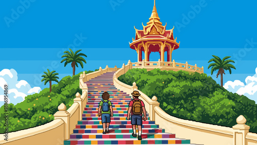 Two backpackers ascend a vibrant, colorful staircase towards a golden temple pavilion