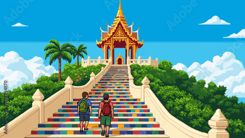 Two backpackers ascend colorful stairs towards a golden temple on a tropical island