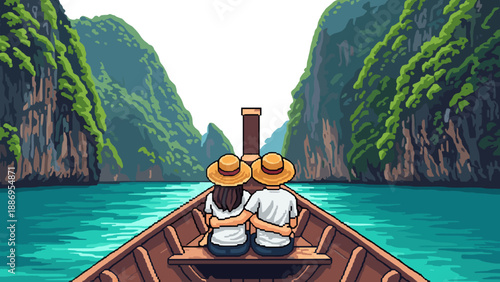 Couple enjoys a scenic boat ride through lush green limestone cliffs and turquoise waters