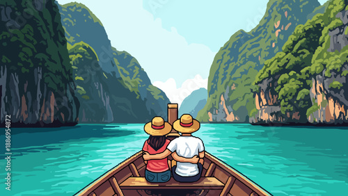 Couple enjoys scenic boat ride through tropical limestone karsts and turquoise waters