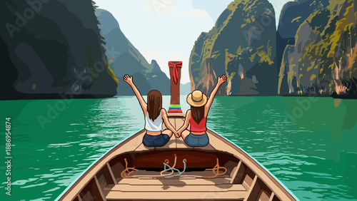 Two friends enjoying a scenic boat ride through majestic limestone cliffs and turquoise waters