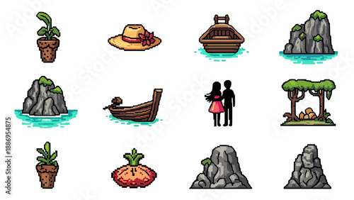 Pixel art collection of tropical island elements and vacation icons