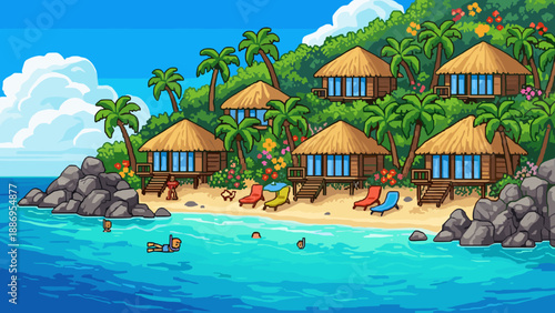 Pixel art tropical island resort with overwater bungalows and snorkeling activities