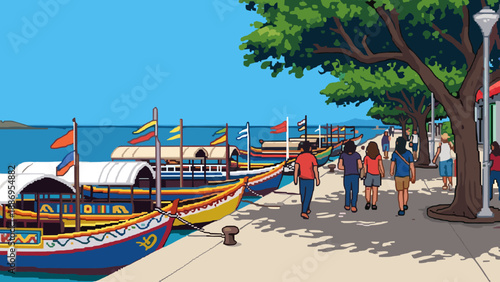 Colorful boats docked along a scenic waterfront promenade with people strolling under trees