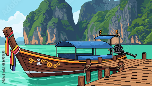 Pixel art longtail boat docked at a wooden pier with tropical islands in the background