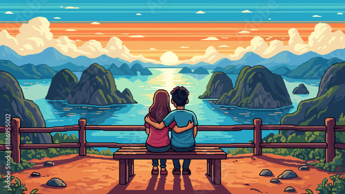 Couple embraces on a bench watching a pixel art sunset over a scenic bay with islands