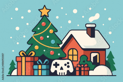 Cozy Winter Scene with Christmas Tree Gifts and Gaming Controller