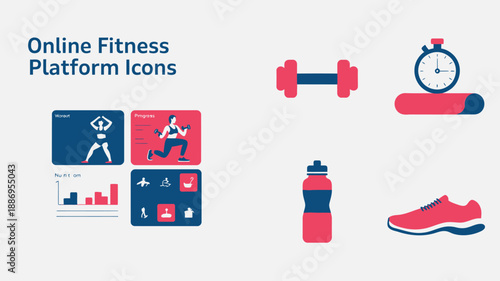 this image showcases a digital display with fitness icons including dumbbells a stopwatch water bottle and running shoes promoting online wellness high quality professional detailed modern
