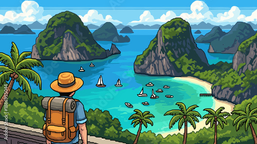 Pixel art traveler with backpack admires a tropical bay with sailboats and lush green islands