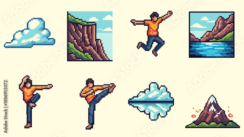 Collection of pixel art elements featuring nature scenes and dynamic human figures