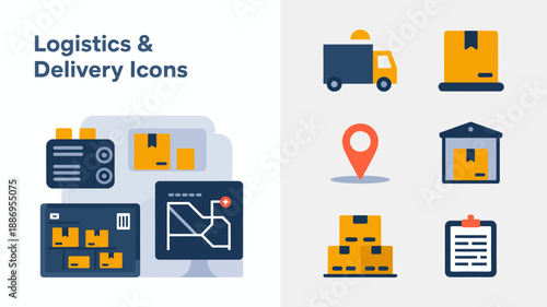 a collection of logistics and delivery icons depicting trucks boxes a map marker and a warehouse structure high quality professional detailed modern elegant stylish clean crisp