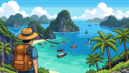 Pixel art traveler with backpack admires a tropical bay with limestone karsts and boats