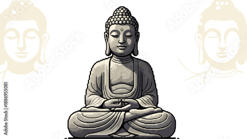 Serene Buddha statue meditating in lotus position with soft background outlines