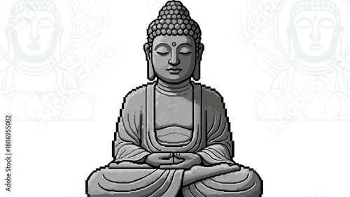 Pixel art Buddha statue in meditation pose with lotus flower background