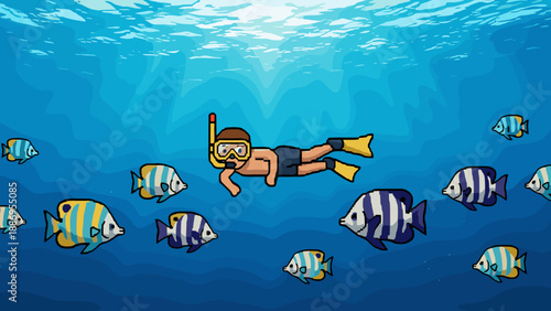 Cartoon diver exploring a vibrant coral reef surrounded by colorful tropical fish