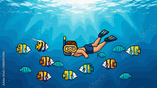 Cartoon diver exploring colorful tropical fish underwater in clear blue ocean water
