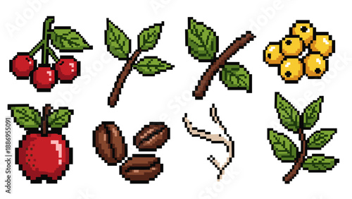 Collection of pixel art fruits and coffee beans on a white background