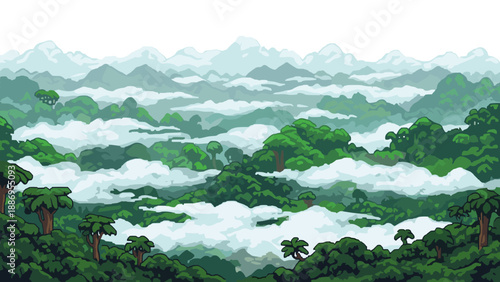 Misty jungle mountains with lush green trees and rolling clouds in a serene landscape