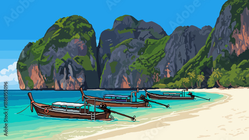 Tropical island paradise with longtail boats anchored in turquoise waters near a sandy beach