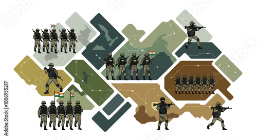 Illustration of soldiers in various military poses forming a collage with the Indian flag, celebrating India Army Day with a patriotic design.