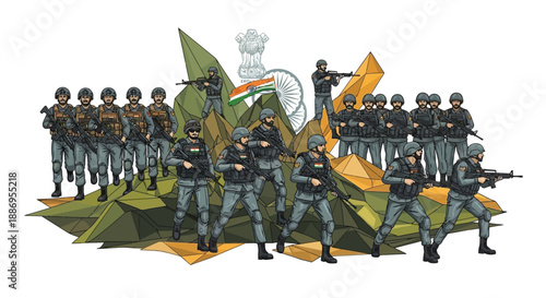 Vector illustration of Indian Army soldiers standing proudly with the national flag on India Army Day, celebrating military strength and patriotism.