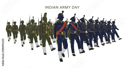 Illustration of Indian Army soldiers marching in uniform for India Army Day celebration with national flag and military personnel.