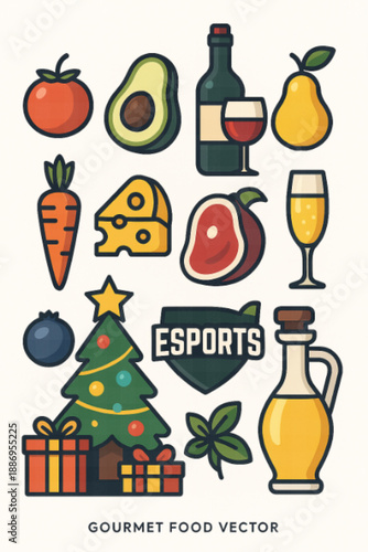 Gourmet Food Drink Holiday and Esports Icon Set Flat Design