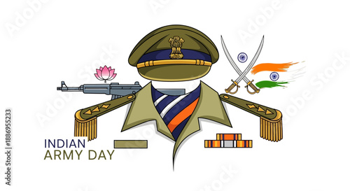 Illustration of a military character celebrating Indian Army Day with a flag, weapons, and design elements in a vector graphic.