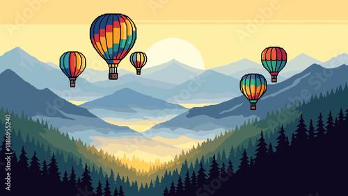 Colorful hot air balloons float over misty mountains at sunrise in a pixel art style