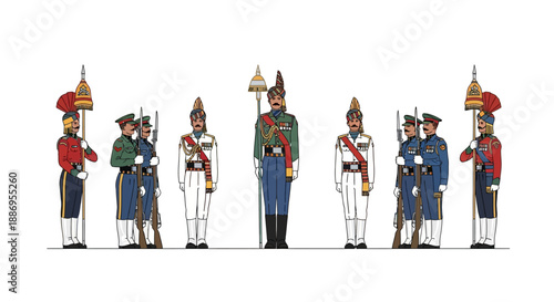 Illustration of soldiers in various military uniforms celebrating India Army Day with flags and weapons in a colorful design.