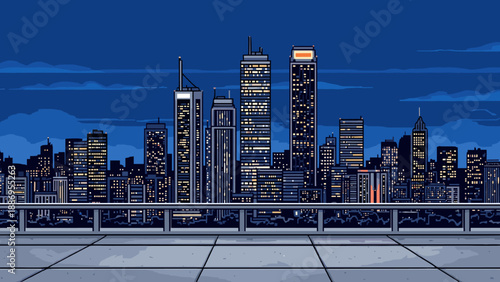 Pixel art cityscape at night with illuminated skyscrapers and a rooftop view