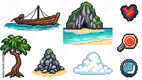 Pixel art game assets featuring a boat, island, tree, rocks, cloud, and icons