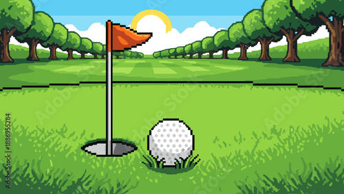 Pixel art golf course with flag, ball, and hole on a sunny day