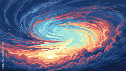Vibrant swirling clouds at sunset with a bright sun peeking through the center