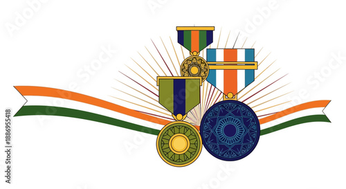 Illustration of a military design celebrating India Army Day with a flag and medals in a vector graphic format.