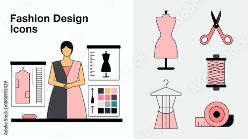 a collection of fashion design icons including a mannequin sewing machine dress form scissors and color swatches displayed in a minimalist style high quality professional detailed