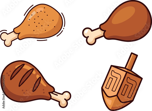 Vector illustration set featuring various fried chicken drumsticks with crispy textures and a traditional wooden dreidel with Hebrew characters