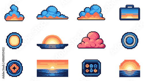 Pixel art collection of clouds, sunsets, and abstract geometric icons